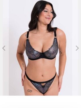 Curvy Kate Sheer Lace Underwire Bra and Thong Set - Black Iridescent